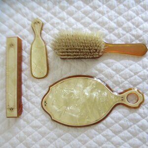 Vtg Art Deco Nouveau Celluloid Vanity Hand Mirror Shoe Horn & Accessories
